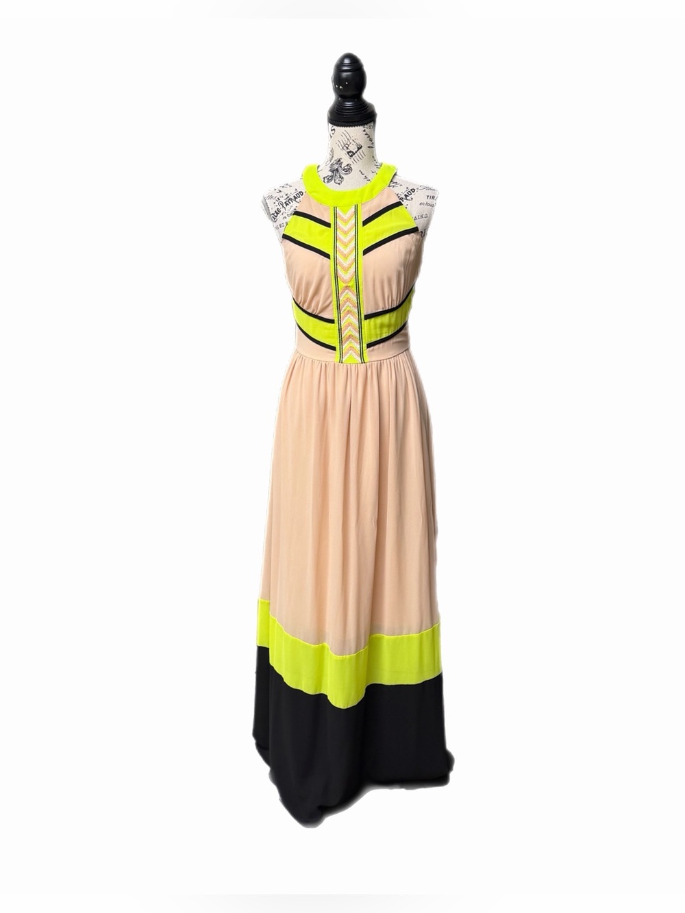 GB Colorblock Chiffon Maxi Dress Scoop Neck Sleeveless Smocked Lined M